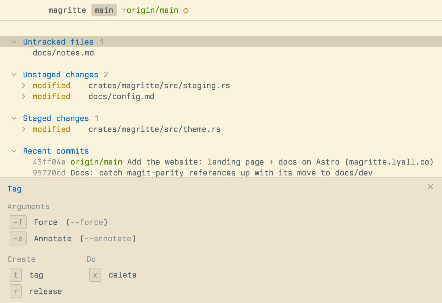 The tag transient menu open at the bottom of the status view, showing its argument switches (force, annotate) and actions (tag, release, delete) beside their keys
